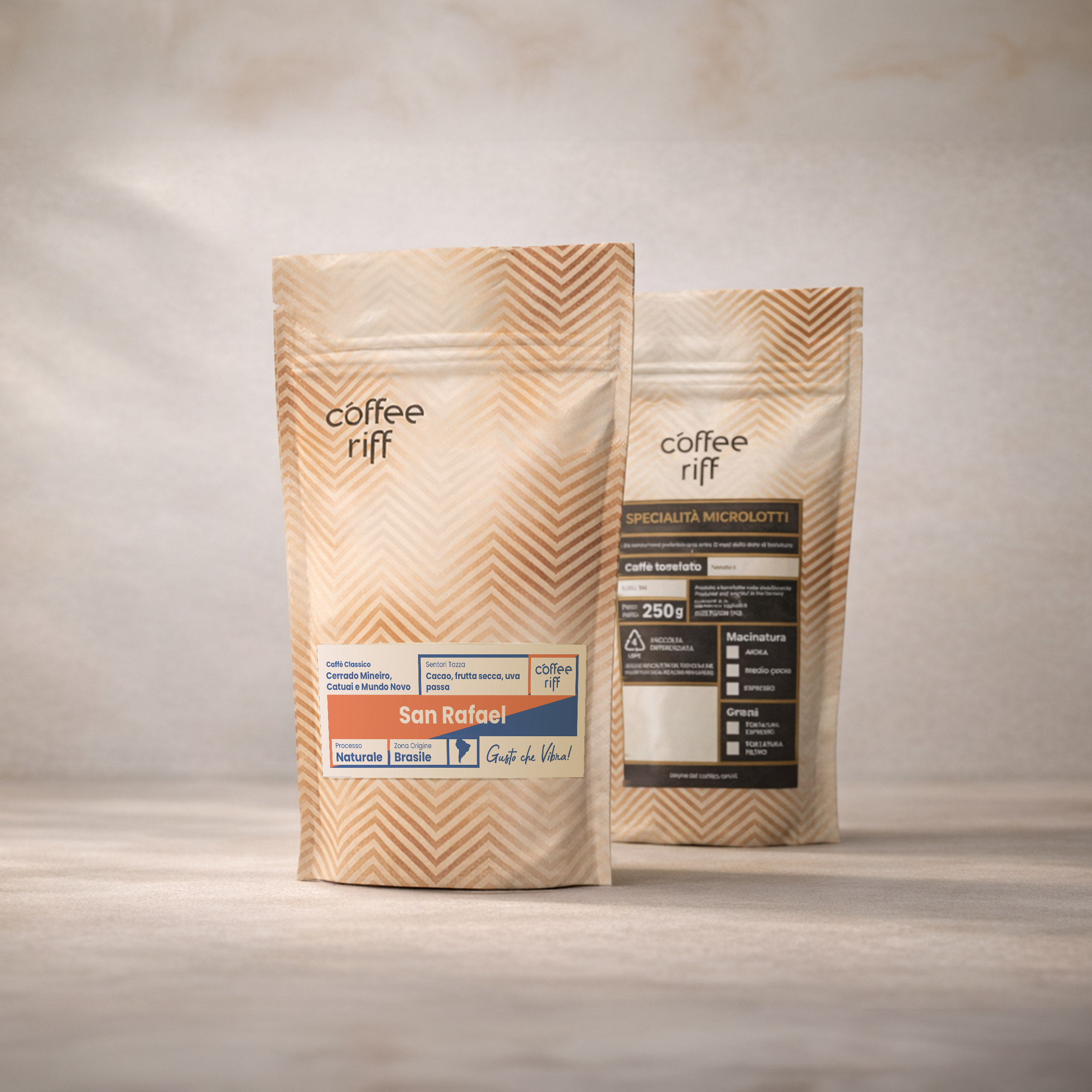CoffeeRiff San Rafael, confezione da 250 g: mockup fisso con etichetta originale